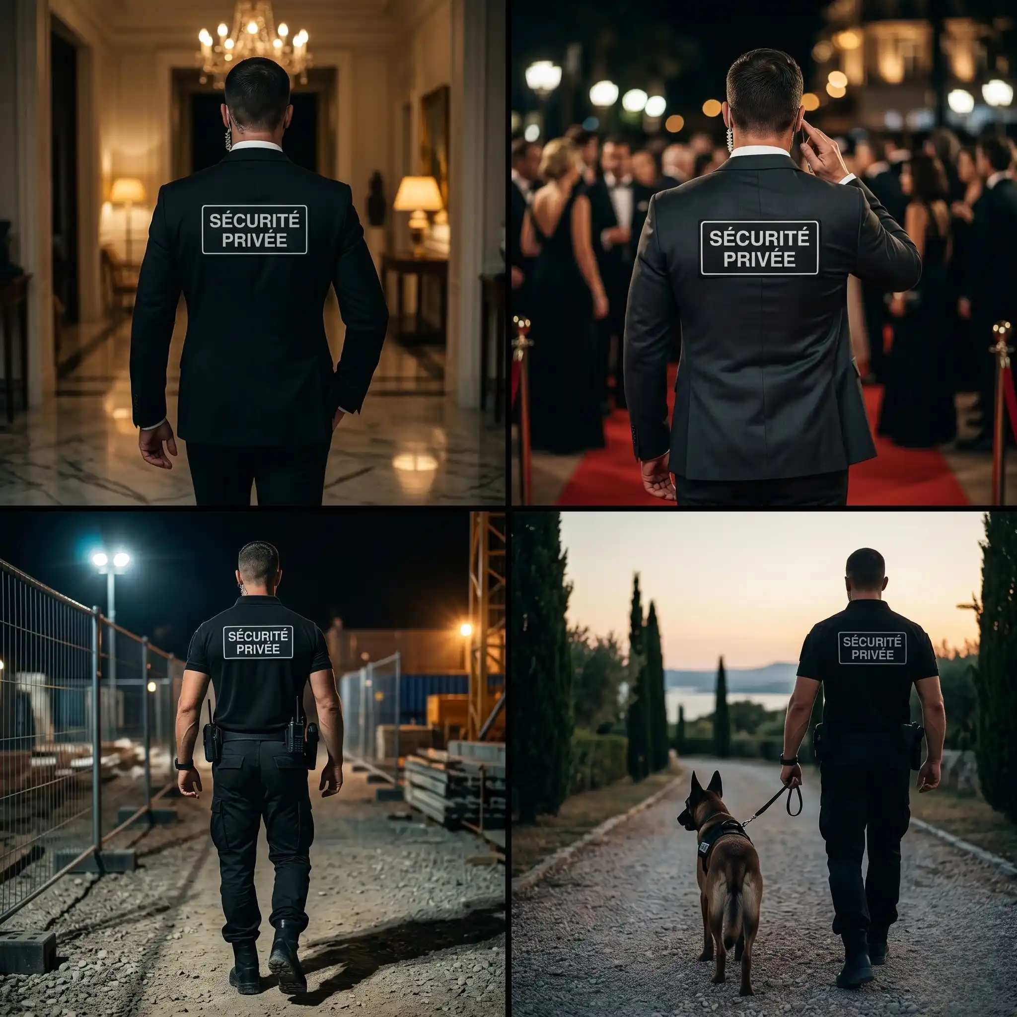 Quatre agents FOR LIONS SECURITY en mission — gardiennage villa, sécurité événementielle, surveillance commerciale, patrouille cynophile — porteurs de l'écusson réglementaire SÉCURITÉ PRIVÉE conforme arrêté du 28 novembre 2016