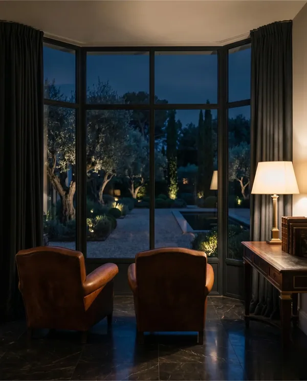 Salon d'une demeure le soir, fauteuils en cuir devant une baie vitrée ouverte sur un jardin éclairé
