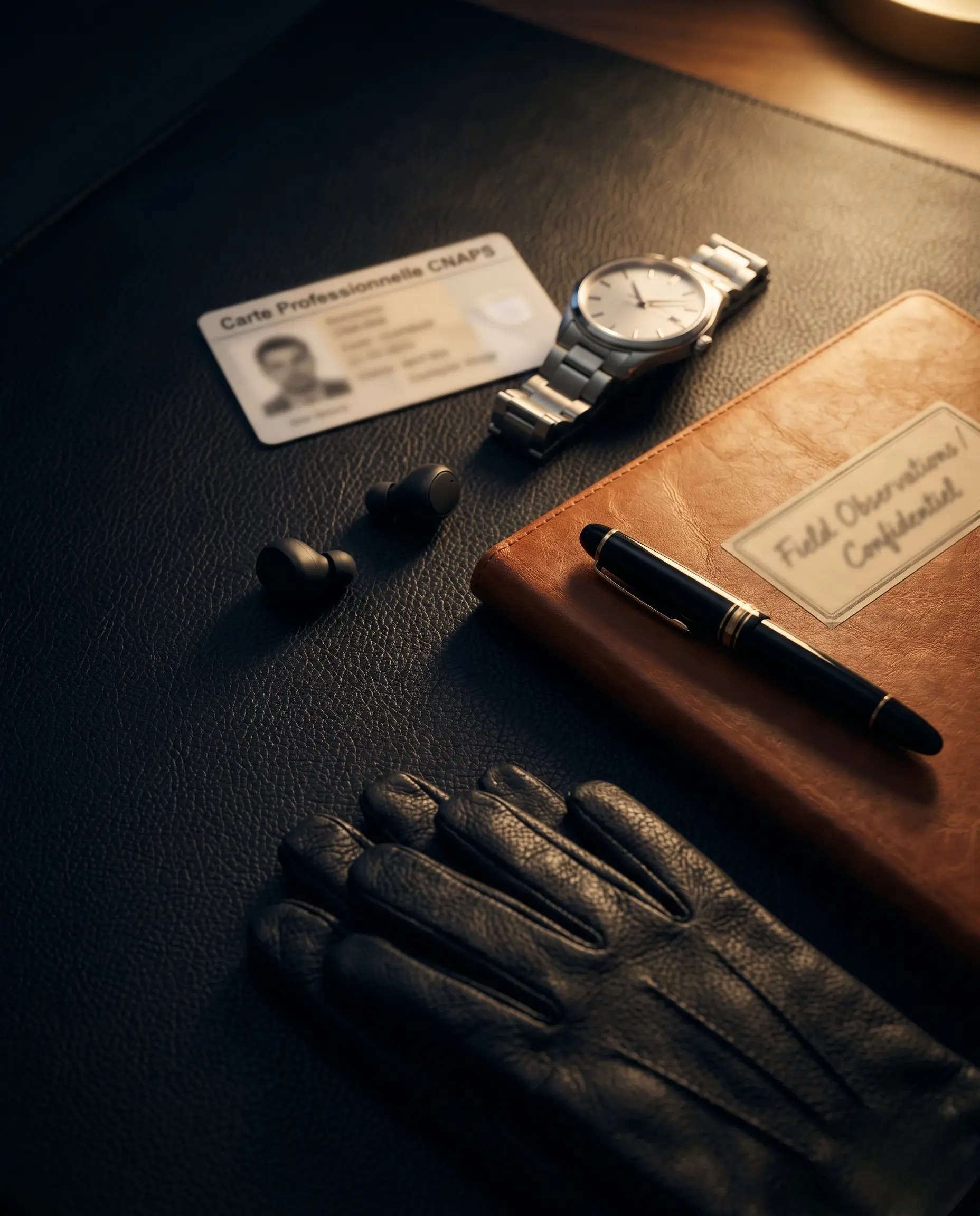 Carte professionnelle CNAPS, montre, oreillette — outils du professionnel FOR LIONS SECURITY