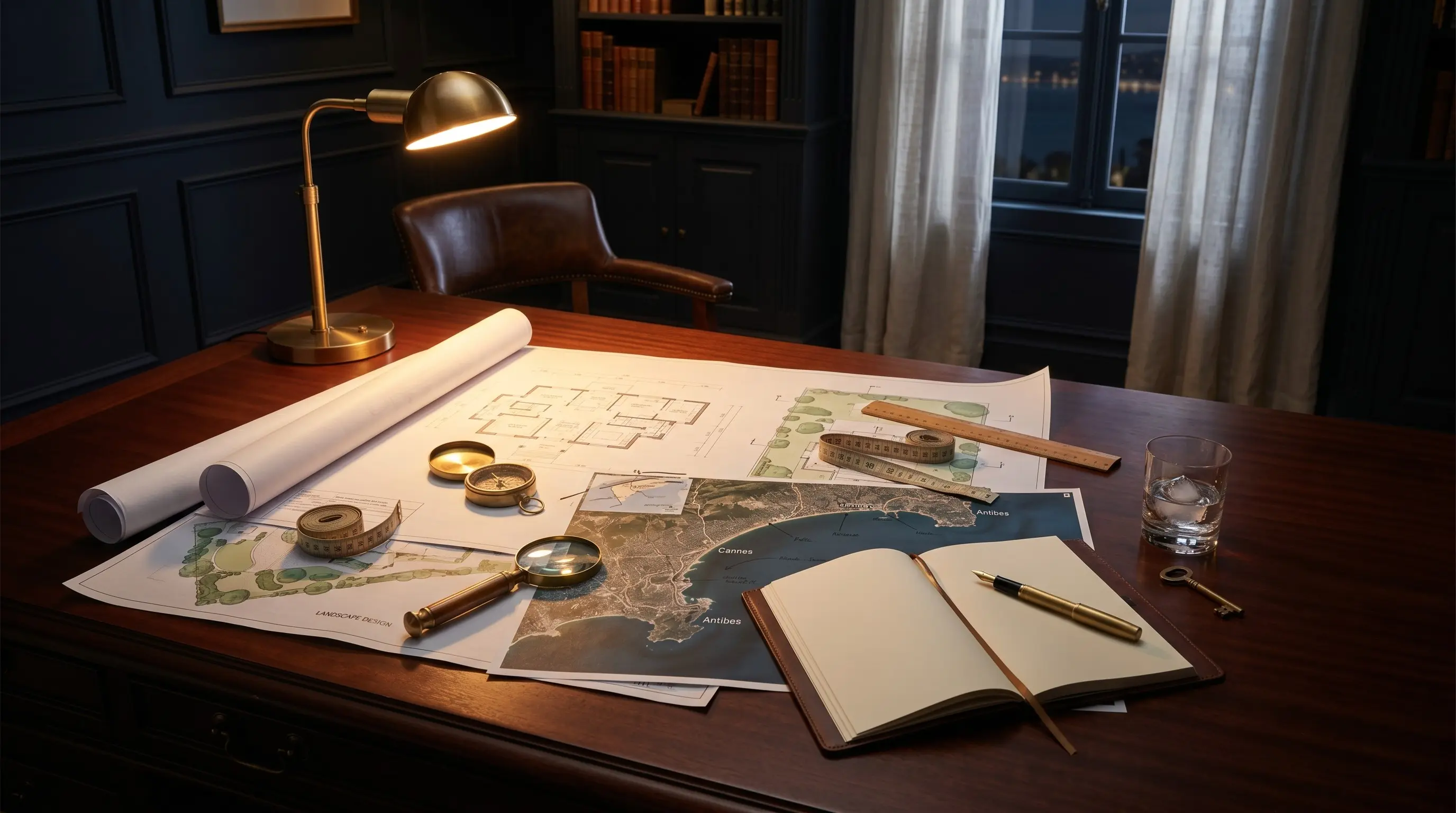 Plans architecturaux et carte de la Côte d'Azur sur bureau de planification stratégique